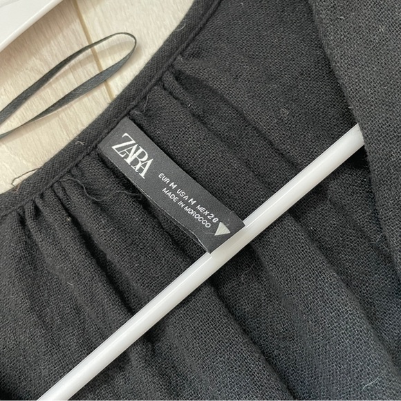 Zara Voluminous Cotton Gauze V Neck Puff Sleeve Mini Dress Black (Medium) party - Picture 2 of 8